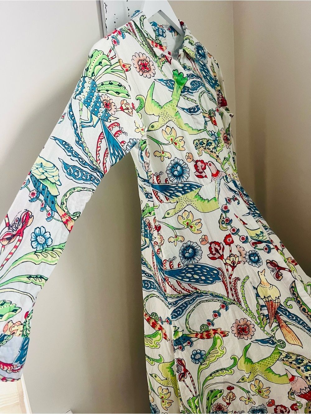 LIVRO Floral& Bird Print Button-Front Maxi Dress, fully lined with pockets; XS - Picture 9 of 11